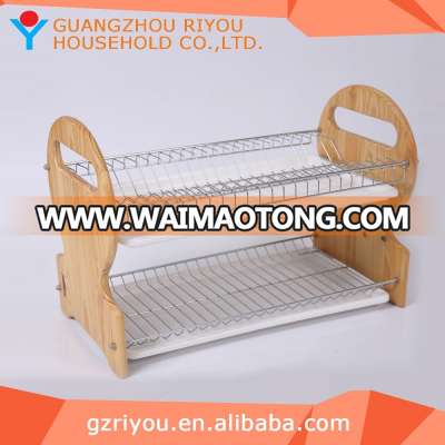 2016 high quality 2 tier wooden dish rack with drainer