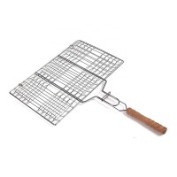 Chrome-Plated Metal Six Hamburger BBQ Grill Basket & Wire Meat Barbecue Grid Wood handle on sale