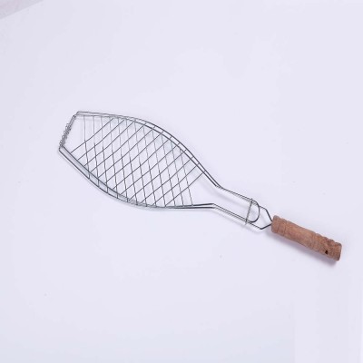 Chrome-Plated Metal Six Hamburger BBQ Grill Basket & Wire Meat Barbecue Grid Wood handle on sale